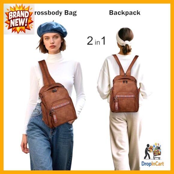 Large Convertible Sling Bag Faux Leather Crossbody Backpack Anti Theft Travel main image 5